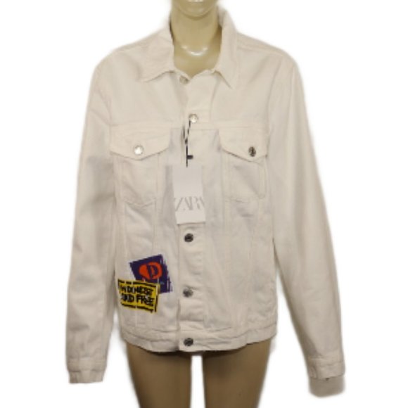 Zara Denim Jacket Unisex Size Small Distressed White/Cream Graffiti Printed - Picture 1 of 8